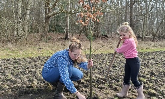 Kinderen planten eerste bomen in nieuw Kinderbos Sellingen